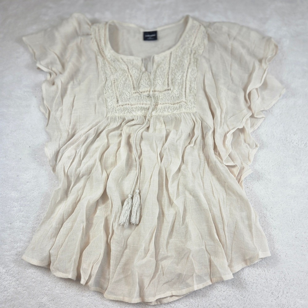 Wallpapher Cream Lace Inset Boho Blouse Flutter Sleeve Tassel Tie XL